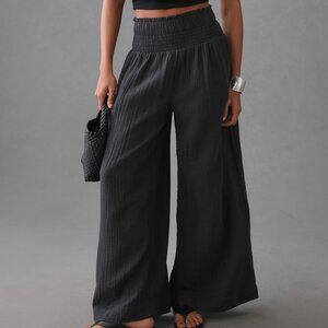 Anthropologie Black Wide-Leg Smocked Gauze Pants Cotton | Women’s Small